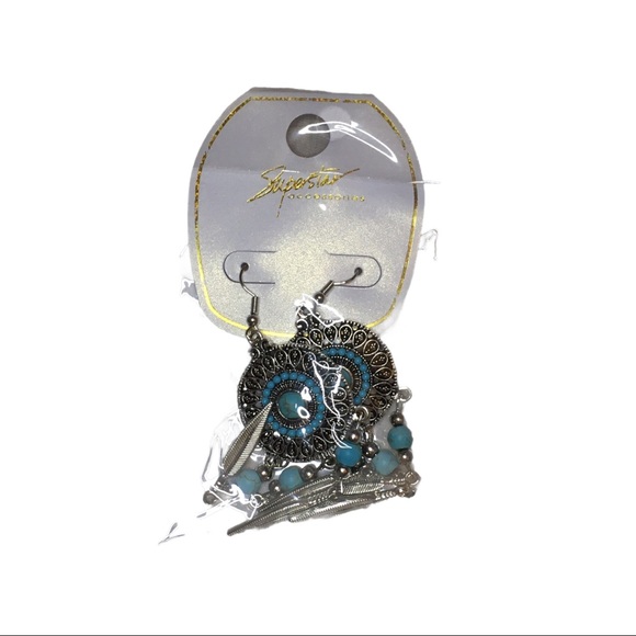 Jewelry - !HOST PICK! Teal Marble Patterned Silver Feather Charm Dangly Earrings NWT